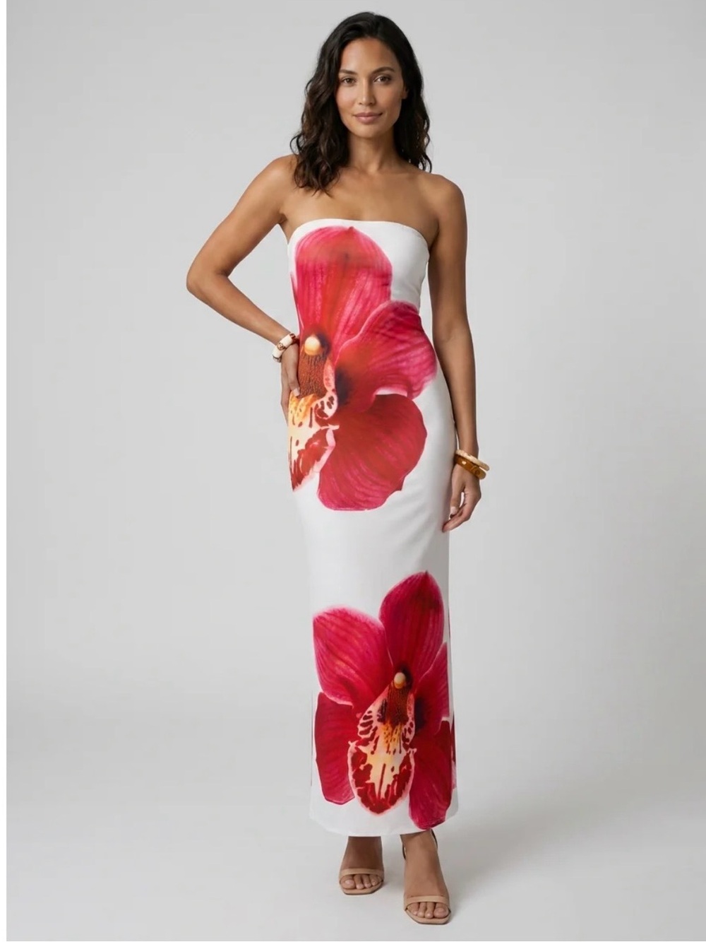 Strapless White Maxi Dress with Large Pink Floral Print